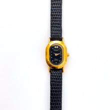 Load image into Gallery viewer, Tiny Vintage Ladies&#39; Gold-Plated Omax (by Seiko) Quartz Watch with Black Dial and Leather Strap
