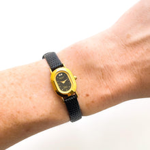 Load image into Gallery viewer, Tiny Vintage Ladies&#39; Gold-Plated Omax (by Seiko) Quartz Watch with Black Dial and Leather Strap
