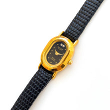 Load image into Gallery viewer, Tiny Vintage Ladies&#39; Gold-Plated Omax (by Seiko) Quartz Watch with Black Dial and Leather Strap
