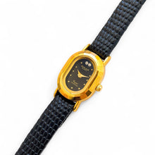 Load image into Gallery viewer, Tiny Vintage Ladies&#39; Gold-Plated Omax (by Seiko) Quartz Watch with Black Dial and Leather Strap
