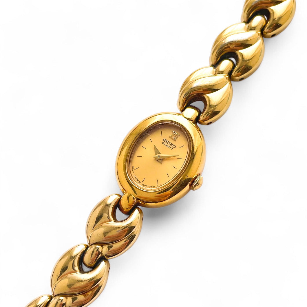 Tiny Vintage 1990s Gold-Plated Ladies' Seiko Quartz Watch With Intricate Bracelet and Oval Dial