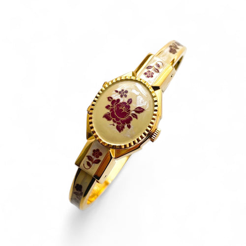 Vintage André Mouche Quartz Watch with Pearl and Burgundy Enamel Floral Design, Concealed Dial and Gold-Plated Bangle Bracelet