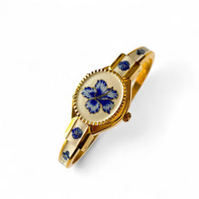 Load image into Gallery viewer, Vintage André Mouche Quartz Watch with Beige and Blue Enamel Floral Design, Concealead Dial and Gold-Plated Bangle Bracelet
