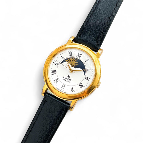 Vintage 90s Lorus Sun & Moon Quartz Watch Unisex - Brown Leather Strap