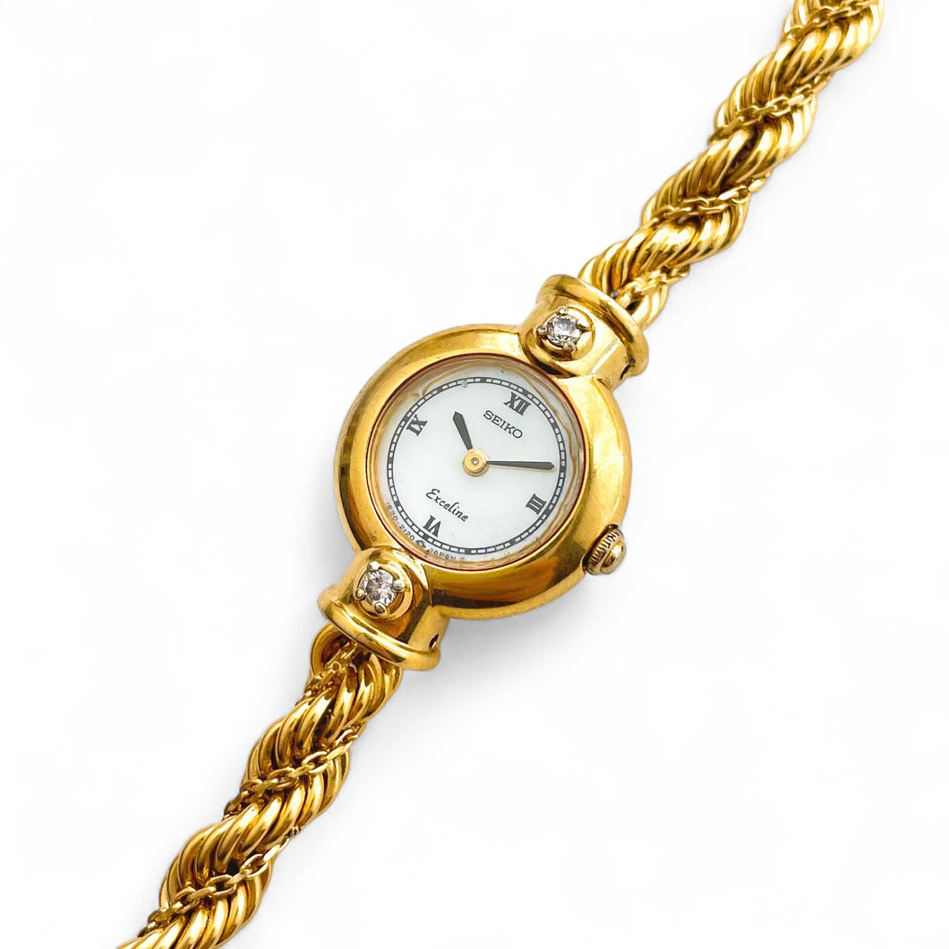 Very Rare 90s Gold-Plated Seiko Exceline Jewellery Quartz Watch with Tiny Mother of Pearl Dial, Thin Bracelet and Diamonds