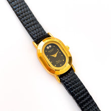 Load image into Gallery viewer, Tiny Vintage Ladies&#39; Gold-Plated Omax (by Seiko) Quartz Watch with Black Dial and Leather Strap
