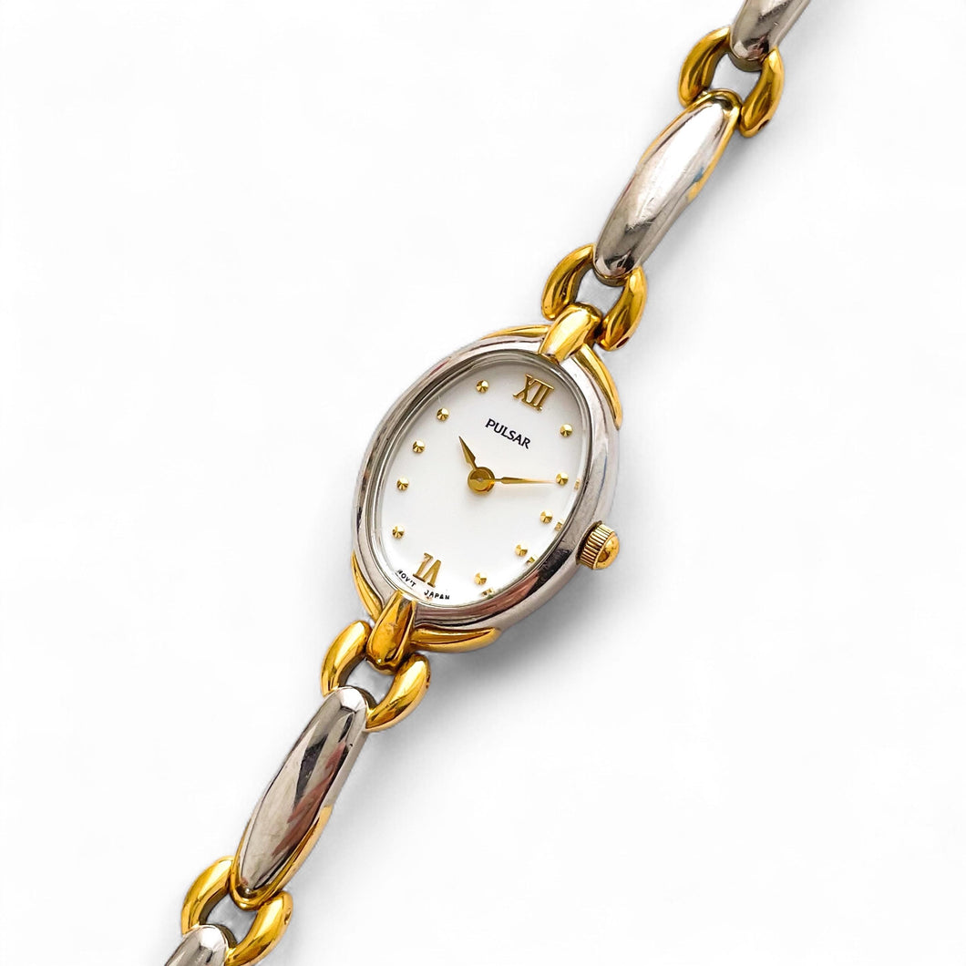 Vintage Ladies' Pulsar (by Seiko) Two-Tone Quartz Watch with White Oval Dial