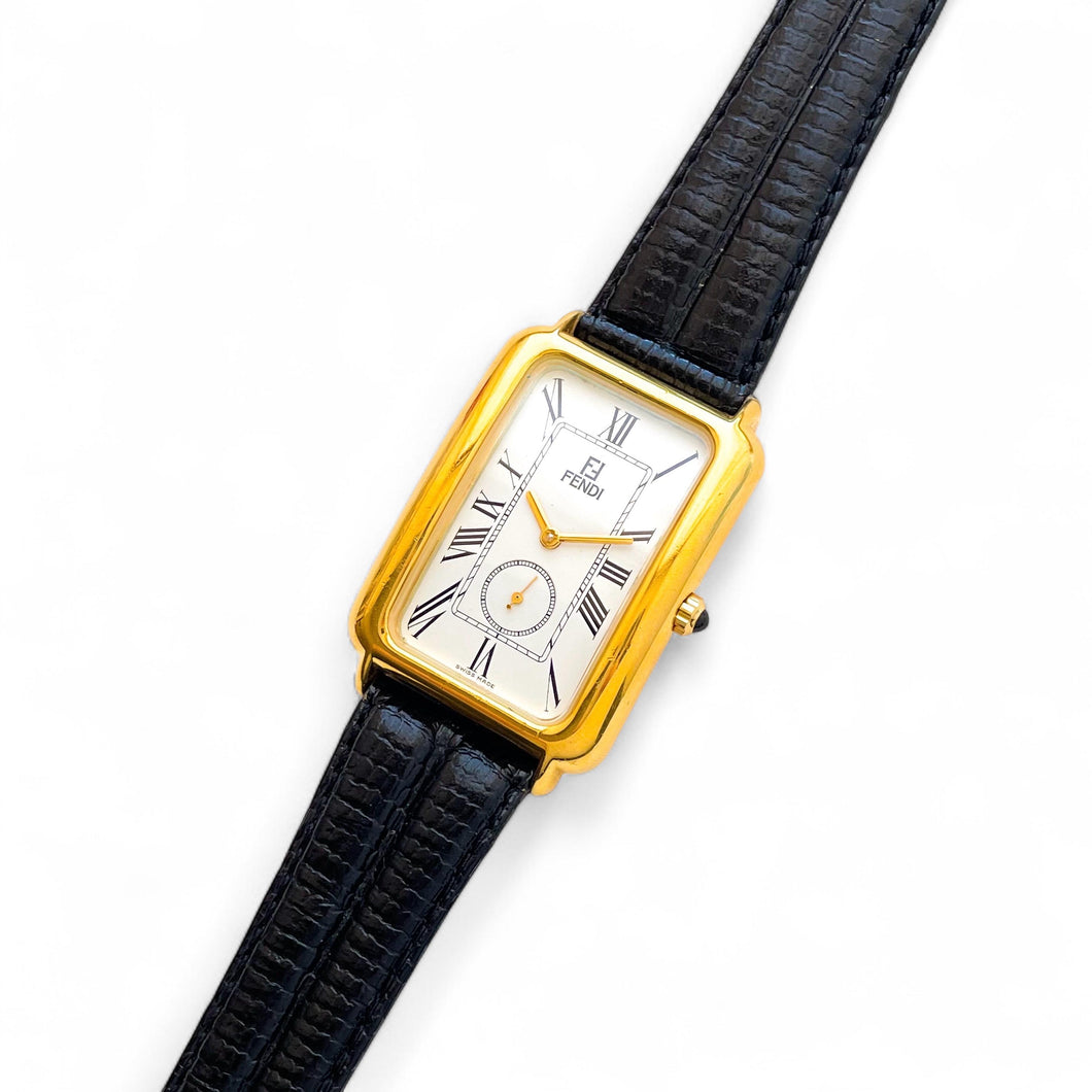 Vintage 90s Unisex Gold-Plated Fendi 500 Quartz Watch with Rectangular Tank-Style Dial