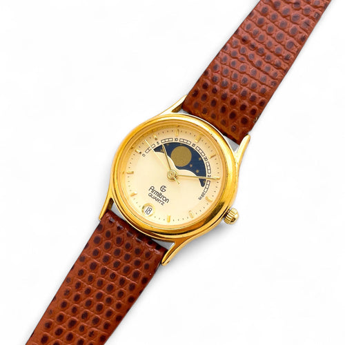 Vintage Ladies Armitron Moon Phase Quartz Watch with Brown Leather Strap