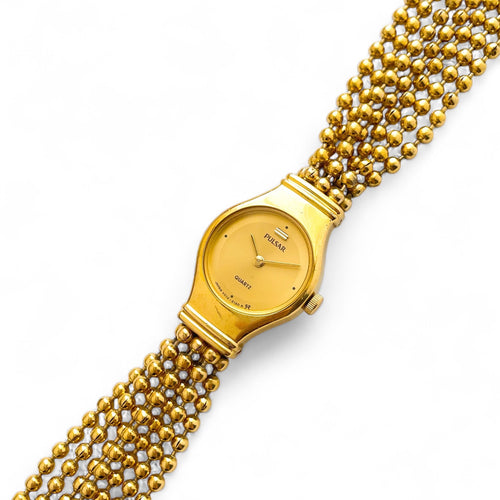Vintage Ladies' Pulsar (by Seiko) Gold-Tone Quartz Watch with Tiny Round Dial and Beaded Bracelet