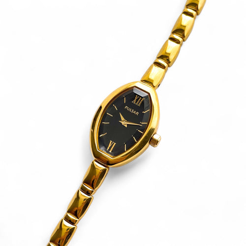 Thin Vintage Ladies' Pulsar (Seiko) Gold-Tone Quartz Watch - Black Dial