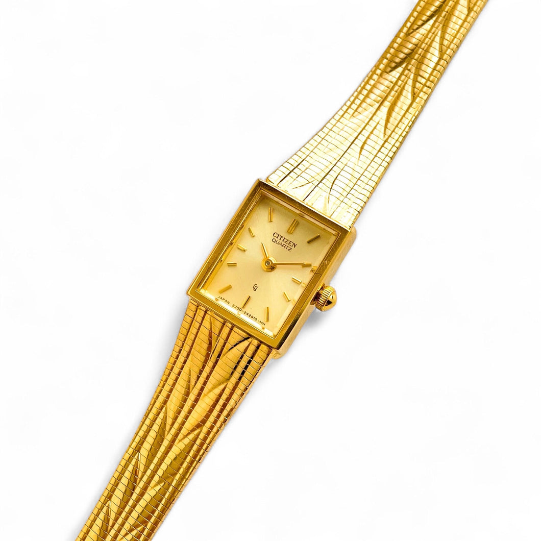 Vintage 80s Gold-Plated Ladies' Citizen Quartz Watch - Rectangular Dial
