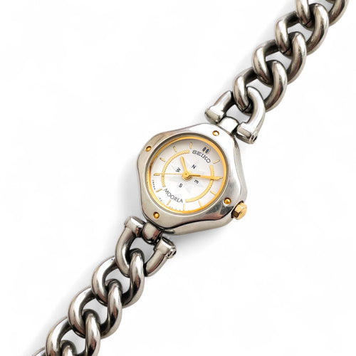 Rare 90s Two-Tone Steel Seiko Moorea Quartz Watch with Chain Bracelet