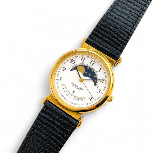 Vintage 90s Unisex Solvil & Titus Moon Phase Quartz Watch with Black Leather Strap