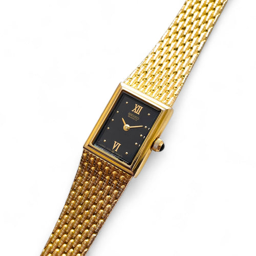 1990s Ladies' Gold-Plated Seiko Quartz Watch with Black Rectangular