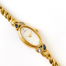 Load image into Gallery viewer, Very Rare 90s Gold-Plated Seiko Jewellery Quartz Watch with Tiny Dial, Thin Bracelet 2 Sapphires and 2 Diamonds
