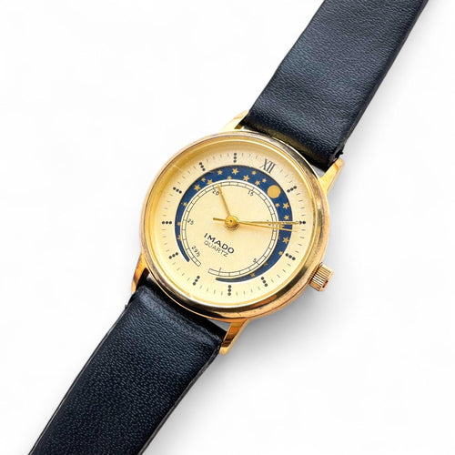 Vintage 90s Ladies' Imado Sun & Moon Phase Quartz Watch with Black Leather Strap