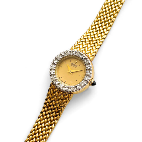 Rare 90s Gold-Plated Seiko Quartz Watch with Mesh Bracelet and Diamonds