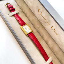 Load image into Gallery viewer, Vintage Christian Dior Gold-Plated Watch: Red Leather Strap, Tank Dial (Boxed)
