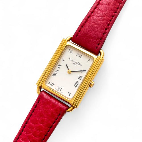 Vintage Christian Dior Gold-Plated Watch: Red Leather Strap, Tank Dial (Boxed)