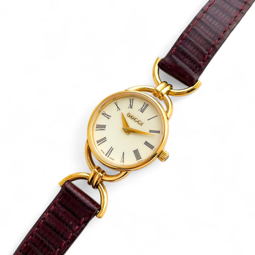 90s Gold-Plated Gucci 6000.2.L Quartz Watch with Burgundy Leather Strap