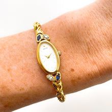 Load image into Gallery viewer, Very Rare 90s Gold-Plated Seiko Jewellery Quartz Watch with Tiny Dial, Thin Bracelet 2 Sapphires and 2 Diamonds
