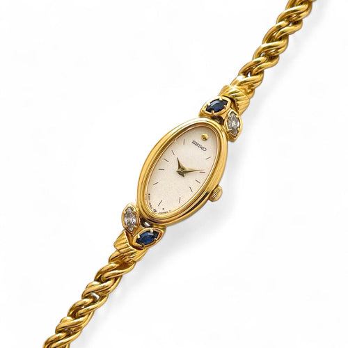 Very Rare 90s Gold-Plated Seiko Jewellery Quartz Watch with Tiny Dial, Thin Bracelet 2 Sapphires and 2 Diamonds