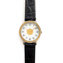 Load image into Gallery viewer, Vintage 1990s Two-Tone Hermès Sellier Ladies&#39; Quartz Watch with Round White Dial and Black Leather Strap
