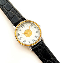 Load image into Gallery viewer, Vintage 1990s Two-Tone Hermès Sellier Ladies&#39; Quartz Watch with Round White Dial and Black Leather Strap
