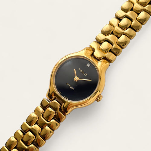 Ladies' Vintage Gold-Plated Tissot Stylist Quartz Watch - Black Dial