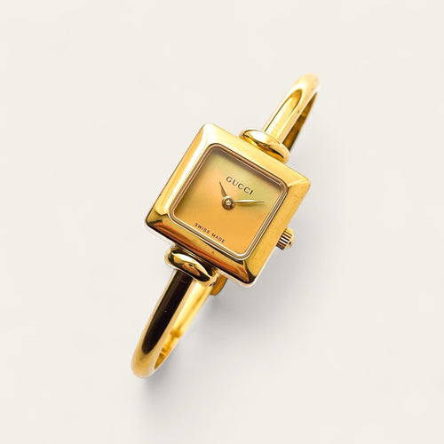 Vintage Gold-Plated Gucci 1900L Bangle Quartz Watch with Square Dial