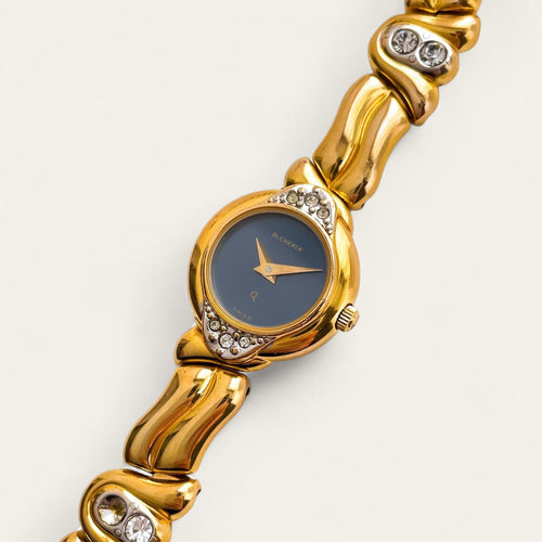 Bucherer Ladies’ Quartz Watch – Gold-Plated with Blue Dial & Crystals, 1990s