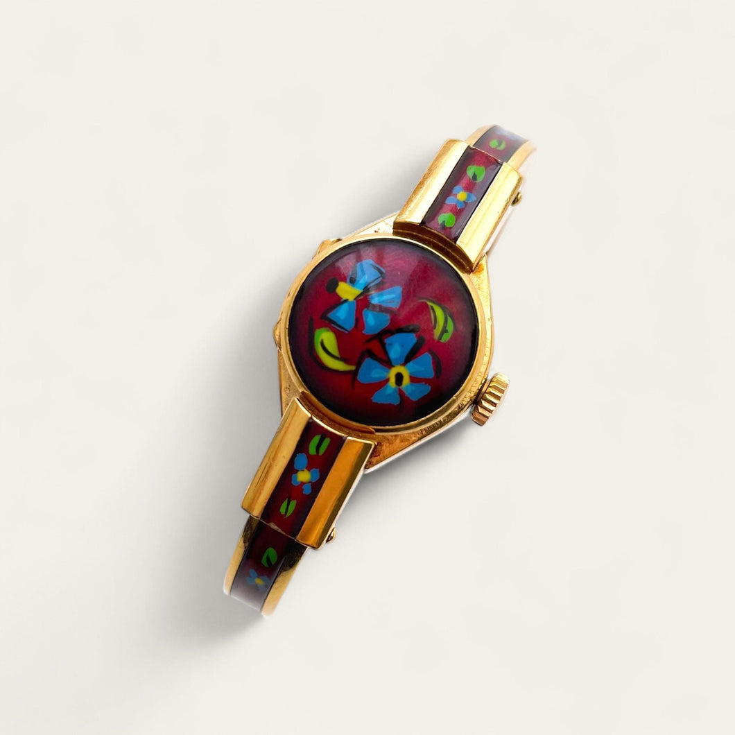Chandler Peek-a-Boo Quartz Watch with Red Floral Enamel & Concealed Dial