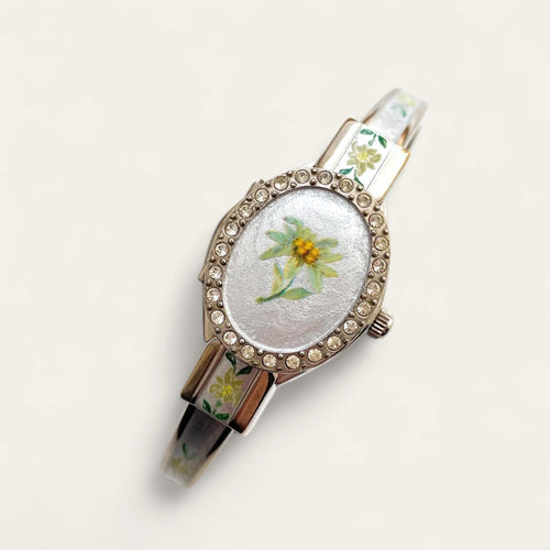 André Mouche Quartz Watch – Enamel Floral Design, Concealed Dial, Bangle