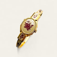 Load image into Gallery viewer, Vintage André Mouche Quartz Watch - Burgundy Floral Design, Concealed Dial, Gold-Plated
