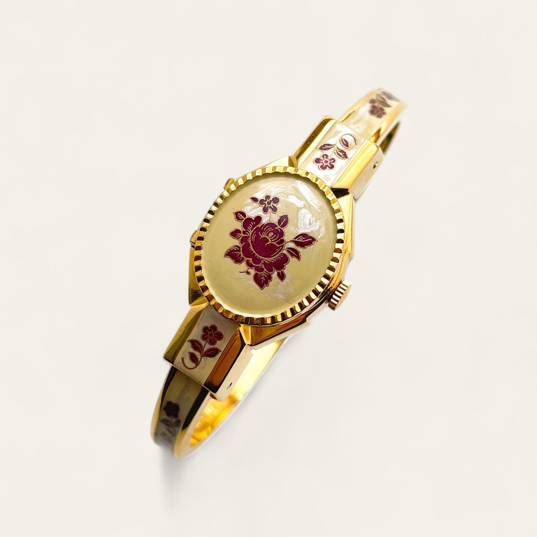 Vintage André Mouche Quartz Watch - Burgundy Floral Design, Concealed Dial, Gold-Plated