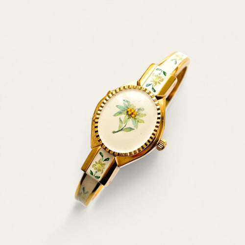 Vintage André Mouche Quartz Watch - Beige Floral Design, Concealed Dial, Gold-Plated