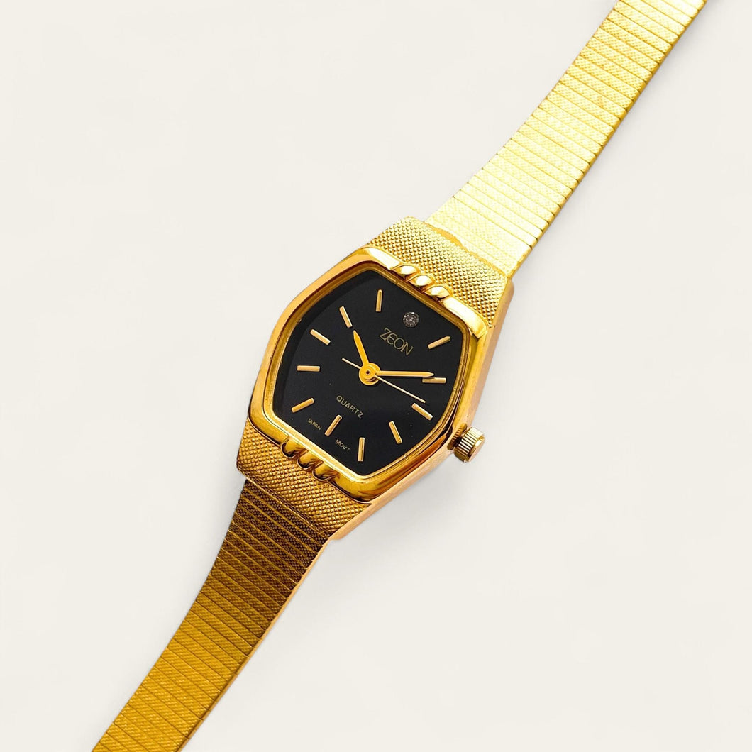 Vintage Gold-Plated Zeon Ladies' Quartz Watch - Black Dial