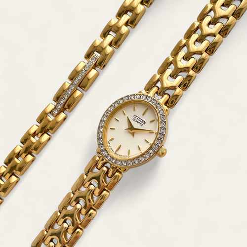 Gold-Plated Ladies' Citizen Oval Quartz Watch - Crystals - Matching Bracelet