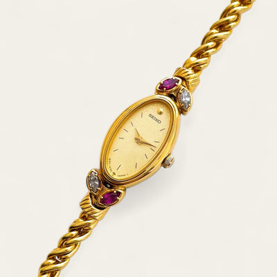 Very Rare 90s Gold-Plated Seiko Jewellery Quartz Watch with Tiny Dial, Thin Bracelet 2 Rubies and 2 Diamonds