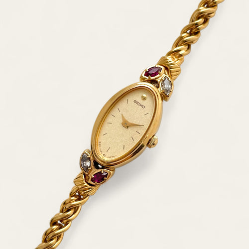 Very Rare 90s Gold-Plated Seiko Jewellery Quartz Watch with Tiny Dial, Thin Bracelet 2 Rubies and 2 Diamonds