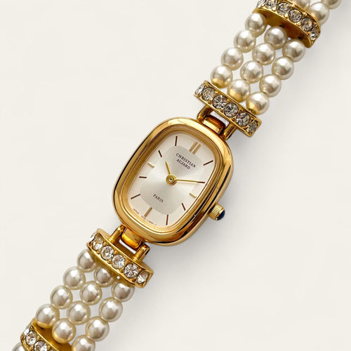 Ladies' Christian Aujard Gold-Plated Pearl & Crystal Watch