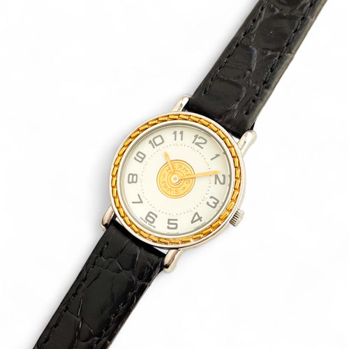 Vintage 1990s Two-Tone Hermès Sellier Ladies' Quartz Watch with Round White Dial and Black Leather Strap