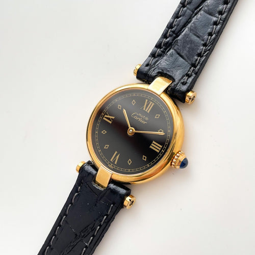 Vintage 1980s Cartier Must Vendome Watch: Gold-Plated Silver, Black Dial