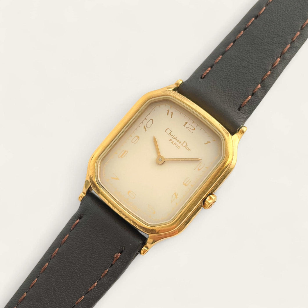 Vintage Ladies' Christian Dior Gold-Plated Quartz Watch - Brown Leather