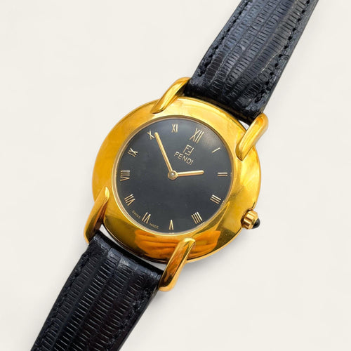 Fendi Quartz Watch – Gold-Plated Unisex Model with Black Dial, 1990s