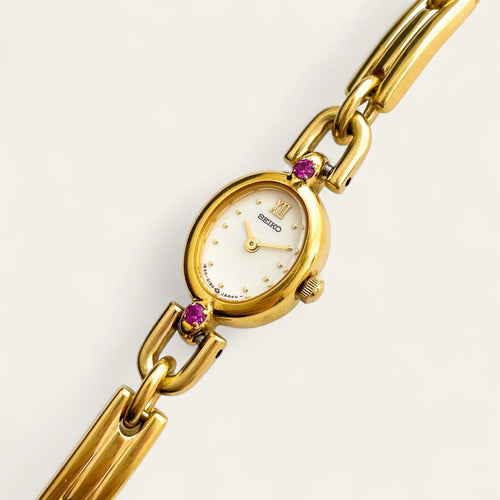 Rare 90s Gold-Plated Seiko Jewellery Quartz Watch - Tiny Dial - Rubies