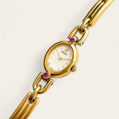 Rare 90s Gold-Plated Seiko Jewellery Quartz Watch - Tiny Dial - Rubies