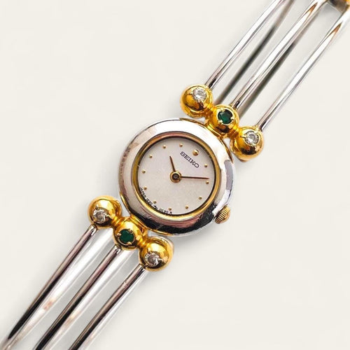 Seiko Quartz Watch – Two-Tone Articulated Bangle with Coloured Gems, 1990s