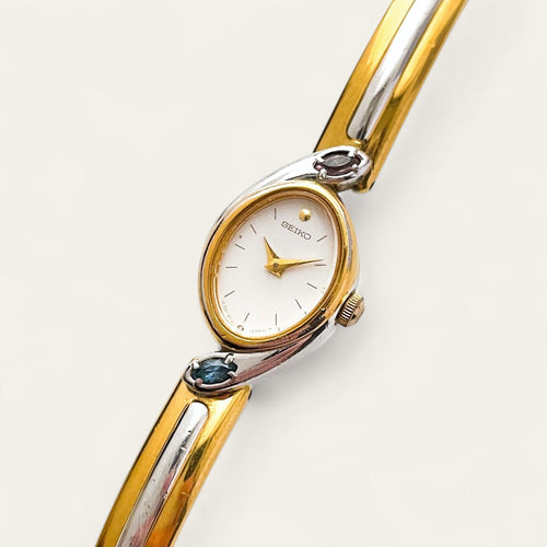 Seiko Quartz Watch – Two-Tone Articulated Bangle with Crystal Bezel, 1990s